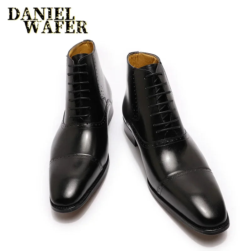 Men's Genuine Leather Oxford Ankle Boots - Brogue Cap Toe Lace-Up Dress Boots