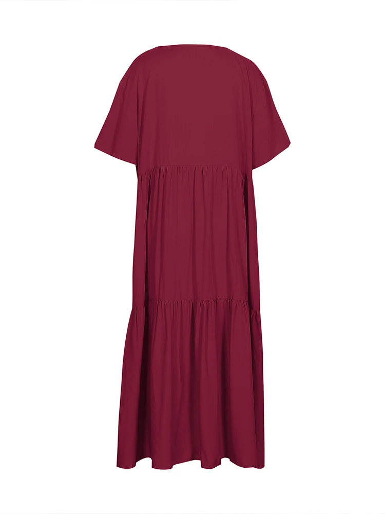 Plus Size 2025 Summer New V-neck Short Sleeve Pleated Solid Color Loose Casual Midi Dress Basic Hem Pleated