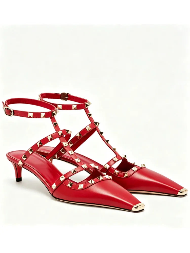 Studded High Heel Sandals – T-Strap Pointed Toe Stiletto Party Heels