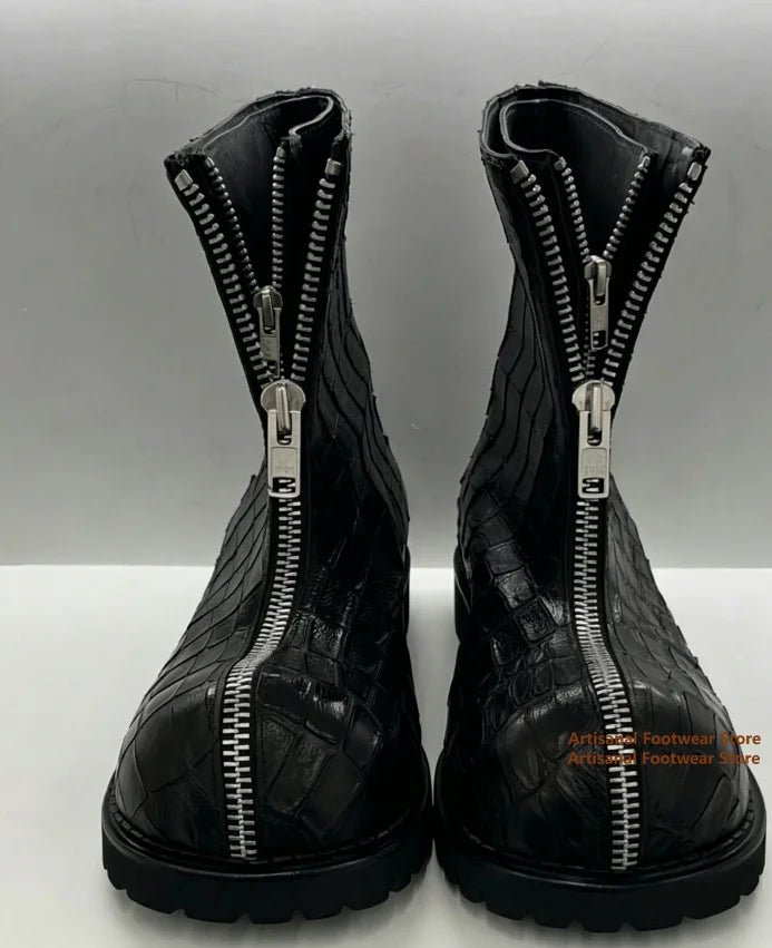 CROC NOIR - Men's Croc Embossed Leather Ankle Boots - Front Zip, Thick Platform, Gothic Style