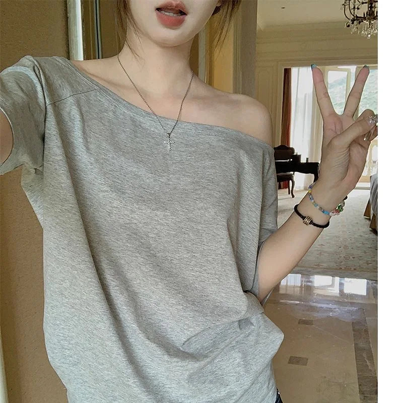Autumn Winter One Shoulder Cotton Long Sleeve Slanted Shoulder Women's Clothing Style Inner Wide Truffle Shoulder Base Shirt