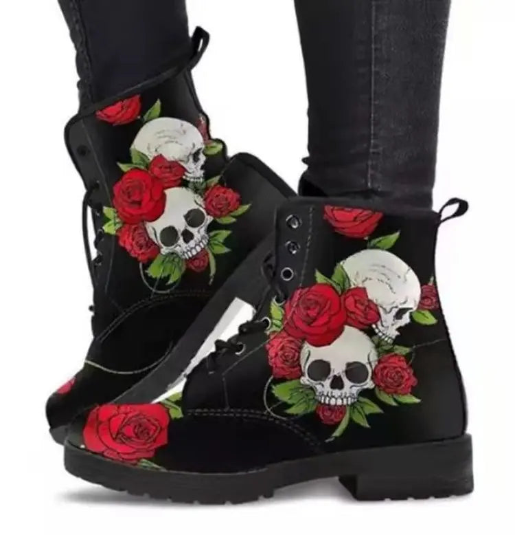 Women's Autumn Short Boots British Style Tooling Boots Skull Print Flower High-top Ladies Ankle Boots Vintage Botte Femme Hiver
