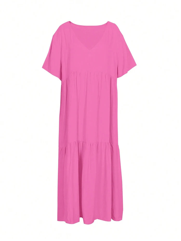 Plus Size 2025 Summer New V-neck Short Sleeve Pleated Solid Color Loose Casual Midi Dress Basic Hem Pleated