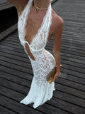 Sexy White Lace Hollow-out Halter Dress Women Chic Sleeveless Off-shoulder Backless Maxi Dresses 2026 Lady Vacation Beach Gowns