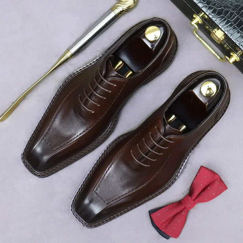 Men's Genuine Cowhide Leather Oxford Shoes - Formal Lace-Up British Style Wedding Dress Shoes
