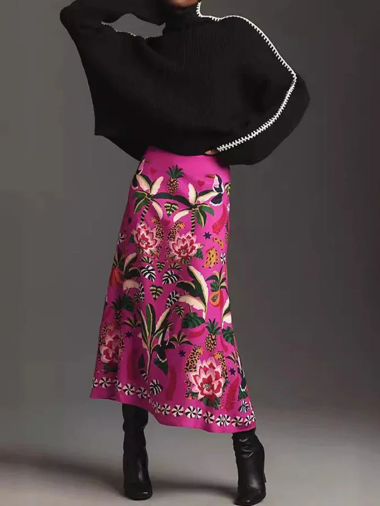 Tropical print midi skirt - retro style, street fashion