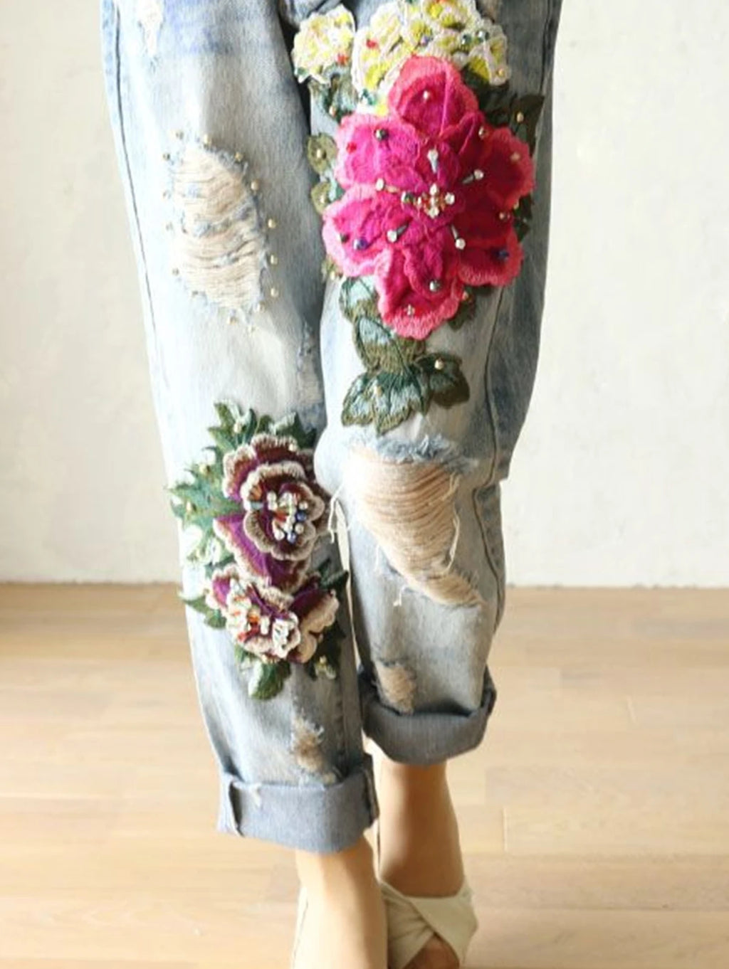 Bloom Boom Riot - 3D Floral Embroidered Ripped Boyfriend Jeans with Pearls