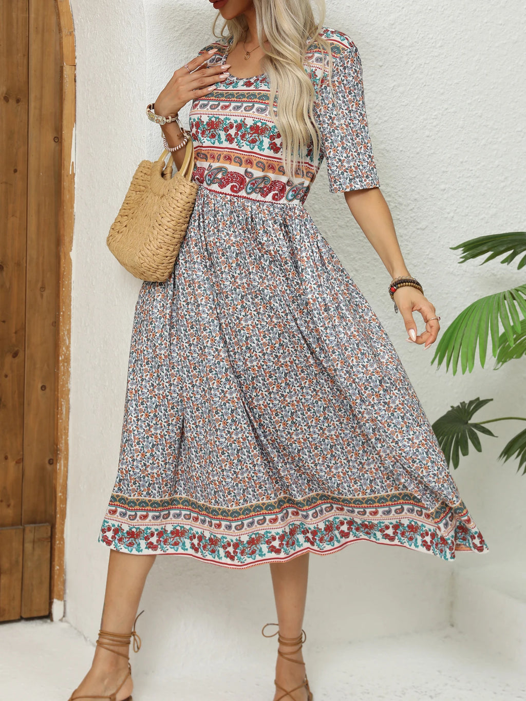 2024 Europe and America autumn ladies round neck short sleeve long skirt Bohemian print dress woman