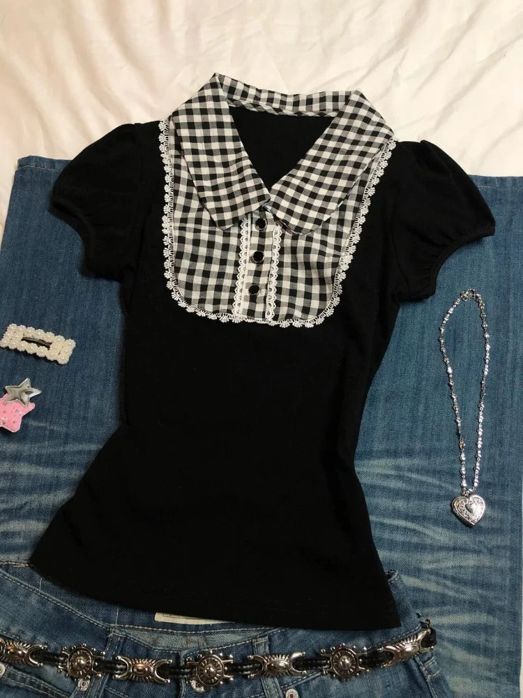 Y2k Vintage Short Sleeve T-Shirt Plaid Print Polo Top Women Casual American Retro Slim Fit Button Patchwork Spring Summer