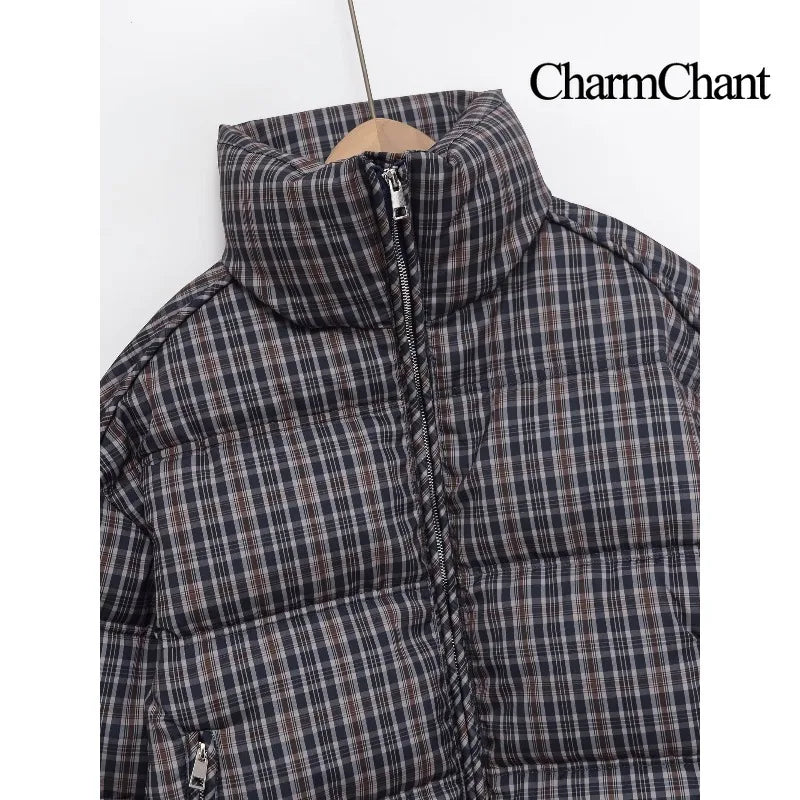 Plaid Puffer Jacket – Stand Collar Padded Coat