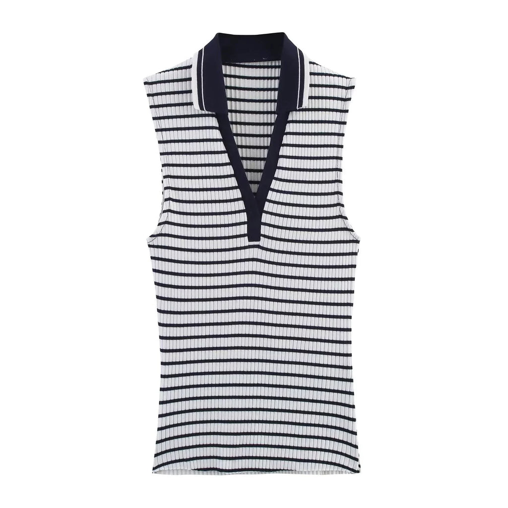 Summer New Fashion Style Ribbed Sleeveless Polo Collar T-shirt Sports Style Polo Shirt Vest Top Women's Clothing