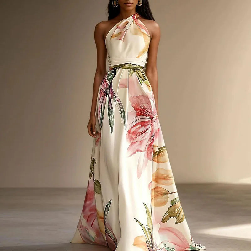 Sexy Bohemian Beach Holiday Dress Woman Elegant Floral Print High Waist Long Dress Spring Summer One Shoulder Maxi Dress