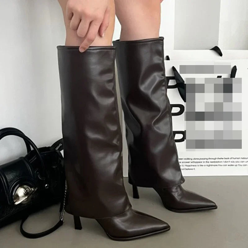 Pleated Knee-High Boots – Thin Western Heel