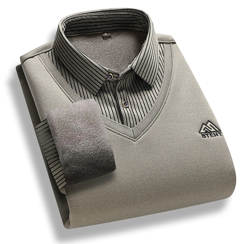 Men's Fleece Polo Pullover - Fake Two-Piece Look - Smart Casual Winter Sweater