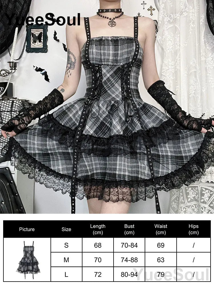 Grunge Gothic Women Dress Lace Trim High Waist Bodycon Mini Dress 2026 New E-girl Vintage Punk Harajuku Lolita Party Clothes