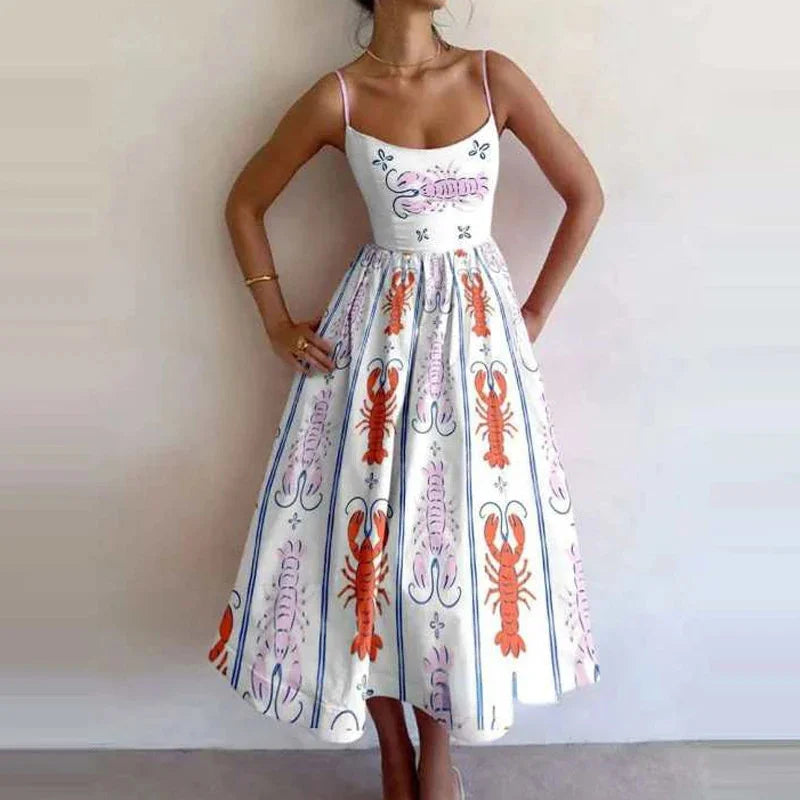 Retro Luxury Sardines Dress For Women Sexy Hand-Painted Printed Elegant Vest Summer 2025 Ladies Tight Chic Strap Long Dress