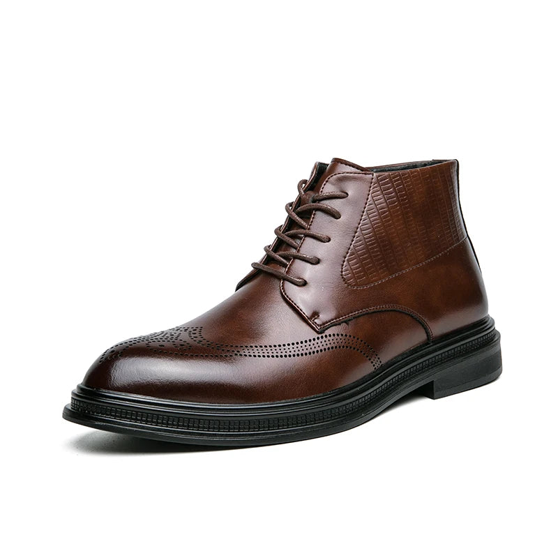 Men's PU Leather High Top Ankle Boots - Side Zip Block Carving Business Casual