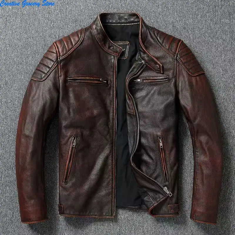 IRON HIDE - Men's Cowhide Leather Biker Jacket - Stand Collar, 4 Colors, M-XXXL