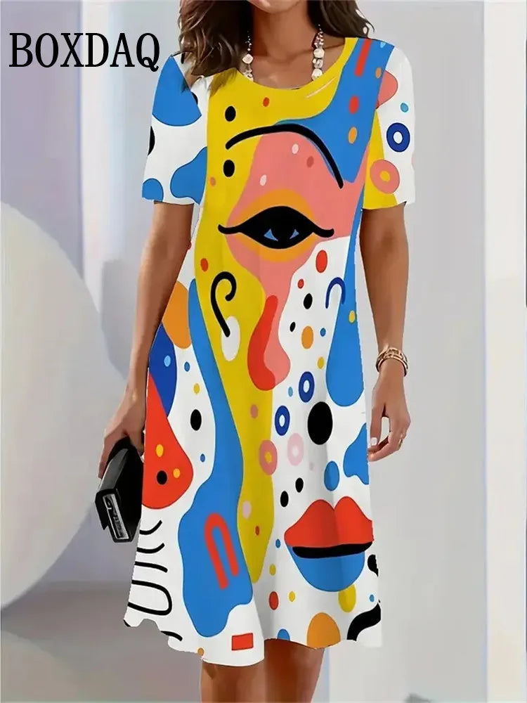 2025 Summer Women's Clothing Art Face Painting Print Women Casual Loose Short Sleeve Dresses Fashion Women Plus Size Dresses 9XL