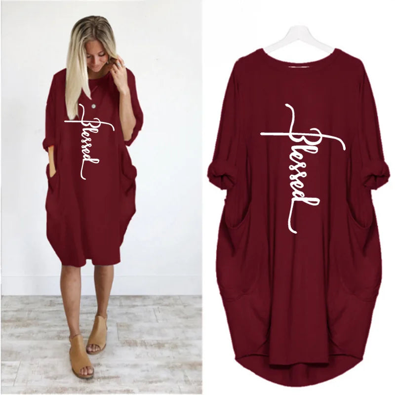 "Blessed" Print Oversized Pocket Dress – 3/4 Sleeve Loose Casual Plus Size