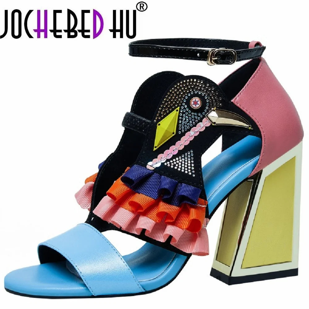 【JOCHEBED HU】New Designer High Heel Shoe Summer Sandals Ruffle Bird Decor Party Rhinestone Chunky Heel Novelty Sandalias 33-44