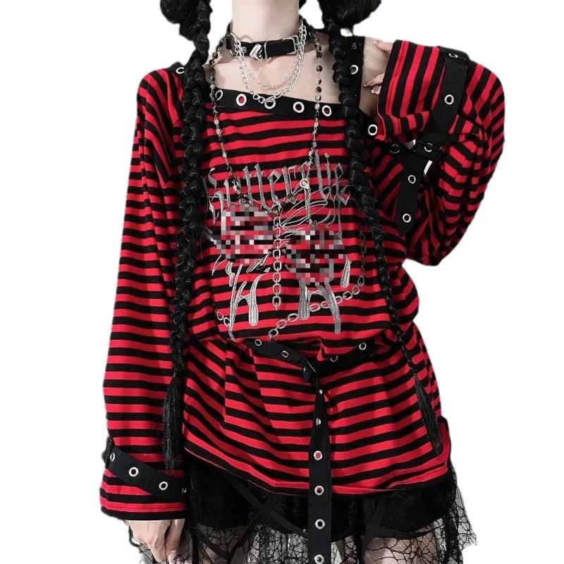 2025 New Harajuku Vintage Punk Black Blue Red Striped Tees Y2k Gothic Girls Off Shoulder Loose Butterfly Letter Long Sleeve Tops