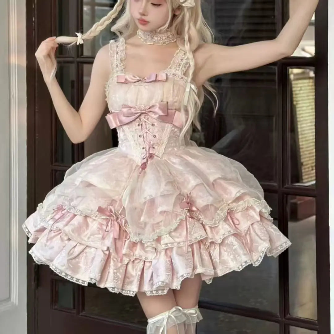 2026 New Sweet Lolita Dress Women Ruffled Lace Halter Neck Cute Dress Bow Princess Party Dress Kawaii Gothic Cosplay Costume