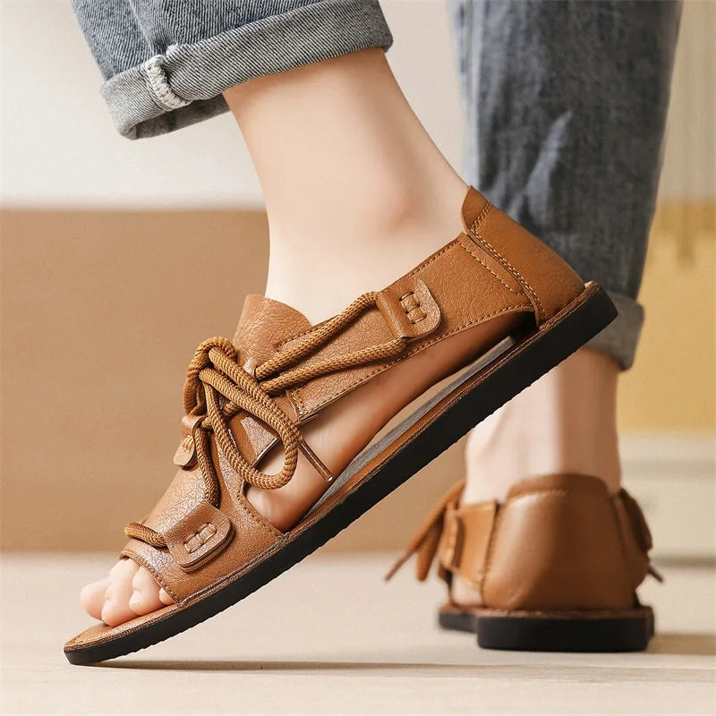 Sandals Summer Fashion Leather Comfortable Flat Roman Sandals Soft Quick Drying 2026 New Outdoor Casual Beach Shoes Men