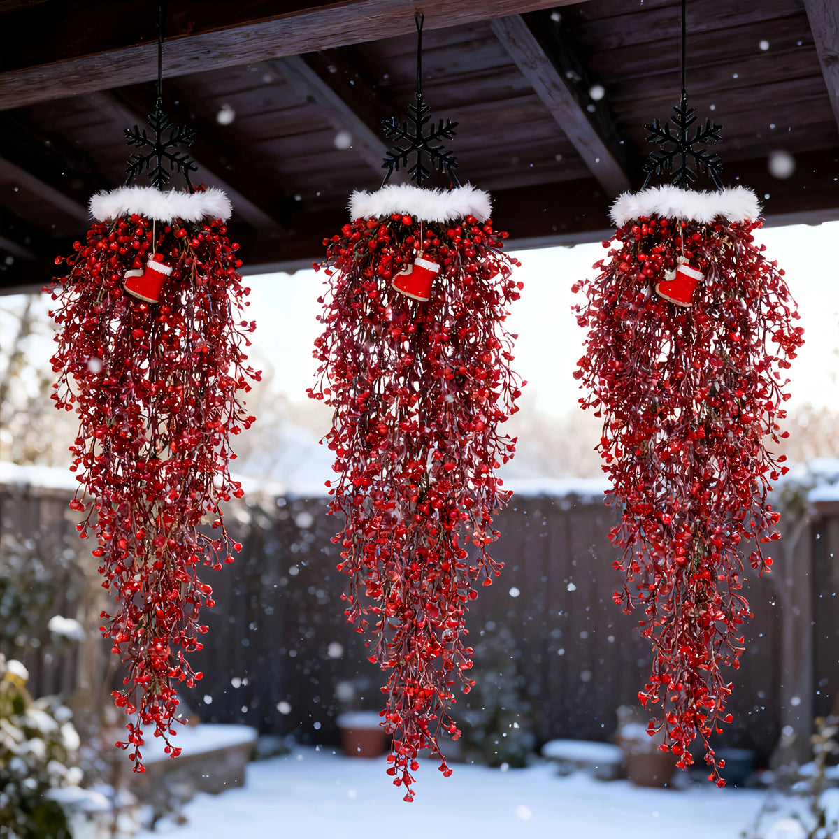 Red Fern Hanging Garlands - 3-Piece Set - Festive Greenery
