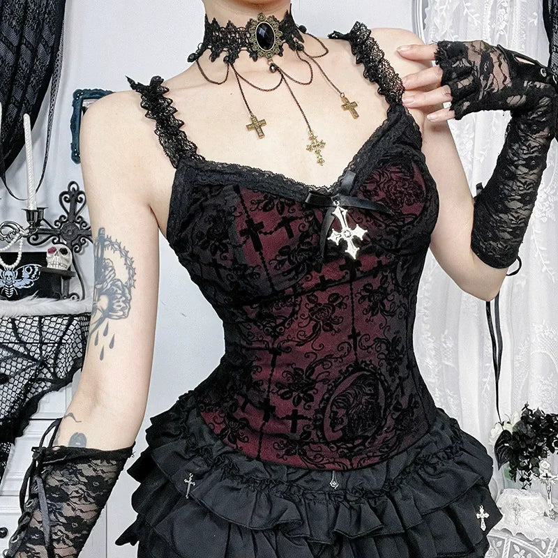 Vintage Mall Gothic Flocking Camisole Women Aesthetic Fairycore Grunge Y2k E-girl Lace Patchwork Beading Crop Tank Tops