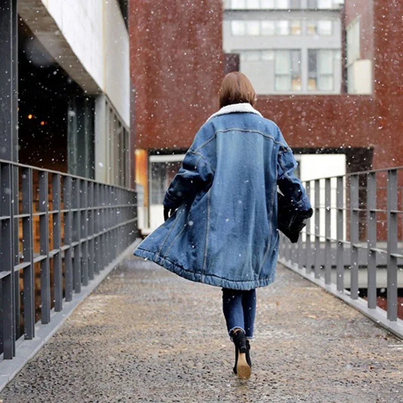 Long Denim Coat - Thick Winter Jacket