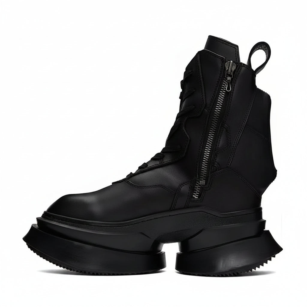 Street Fashion Motorcycle Ankle Boots - Genuine Leather Thick Sole High Heel Lace-Up