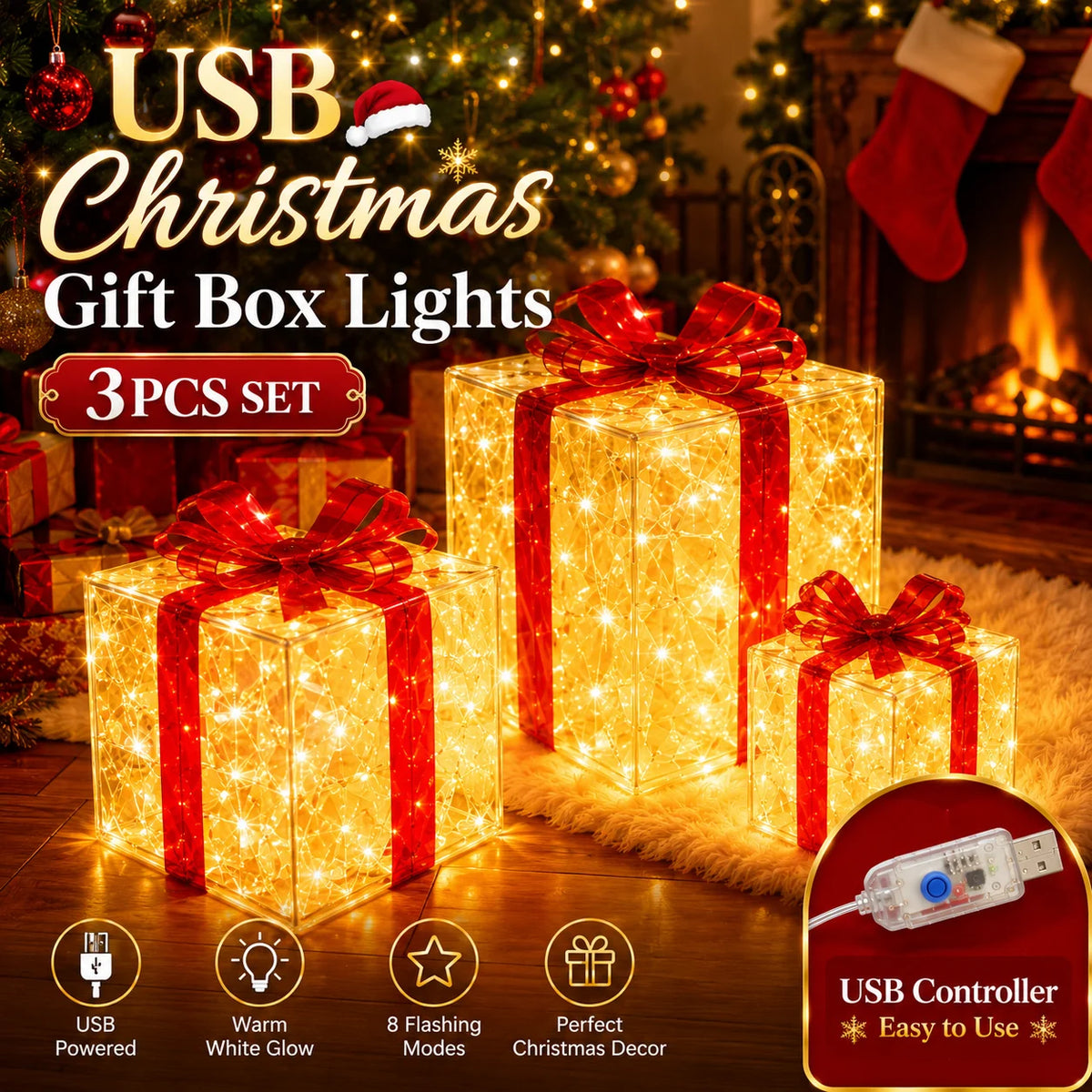 LED Christmas Gift Boxes - 3-Piece Set - Warm Holiday Glow