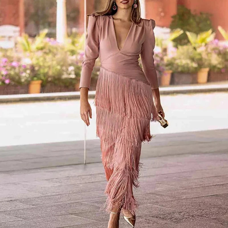 Long Sleeve Spliced Tassel Party Dresses Woman Elegant Deep V Neck Sheath Long Dress Fashion Solid Pleated Bohemian Dress