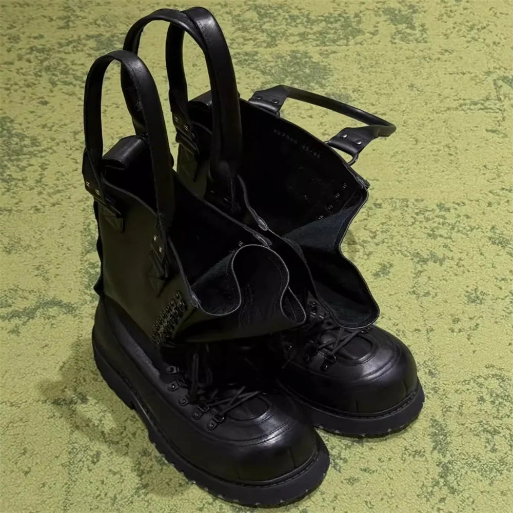 CROSS STRAP - High-Top Black Leather Work Boots - Make Every Step Count