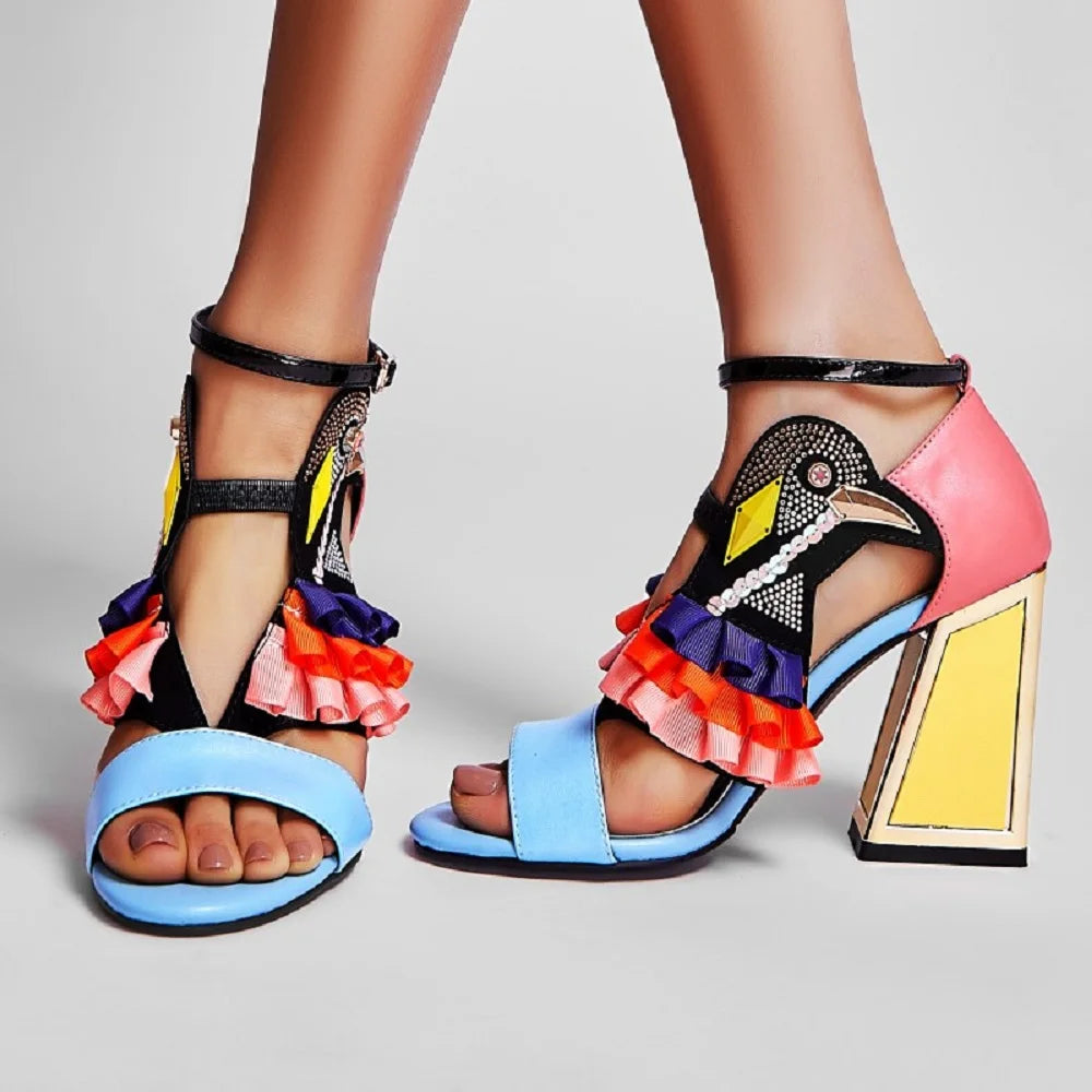 【JOCHEBED HU】New Designer High Heel Shoe Summer Sandals Ruffle Bird Decor Party Rhinestone Chunky Heel Novelty Sandalias 33-44