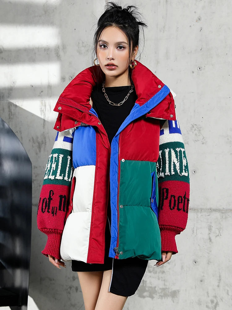 Letter Stitch Down Parka – Oversized Hooded Streetwear