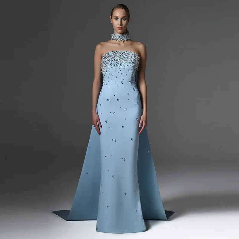 Sky Blue Beaded Gown - A-Line - Evening Grace