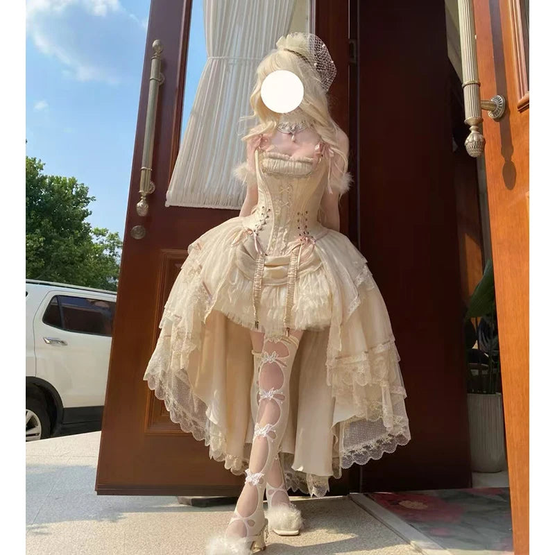 Princess Lolita Evening Dress Champagne Gold Front Short Back Long Gorgeous CLA Dress Vintage Fairy Lolita Birthday Party Dress