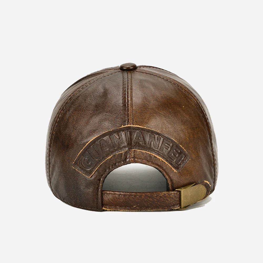COWHIDE LEATHER BASEBALL CAP - Men's Genuine Leather Hat with Ear Protection Adjustable - Brown / Coffee