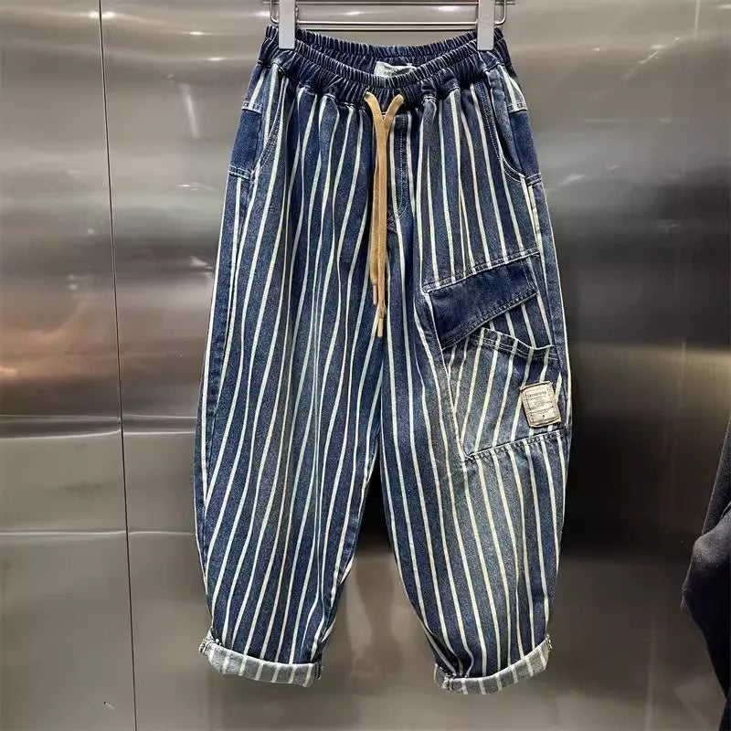Large size 300 pounds trendy vertical striped workwear denim men's summer elastic waistband nine point harem pants