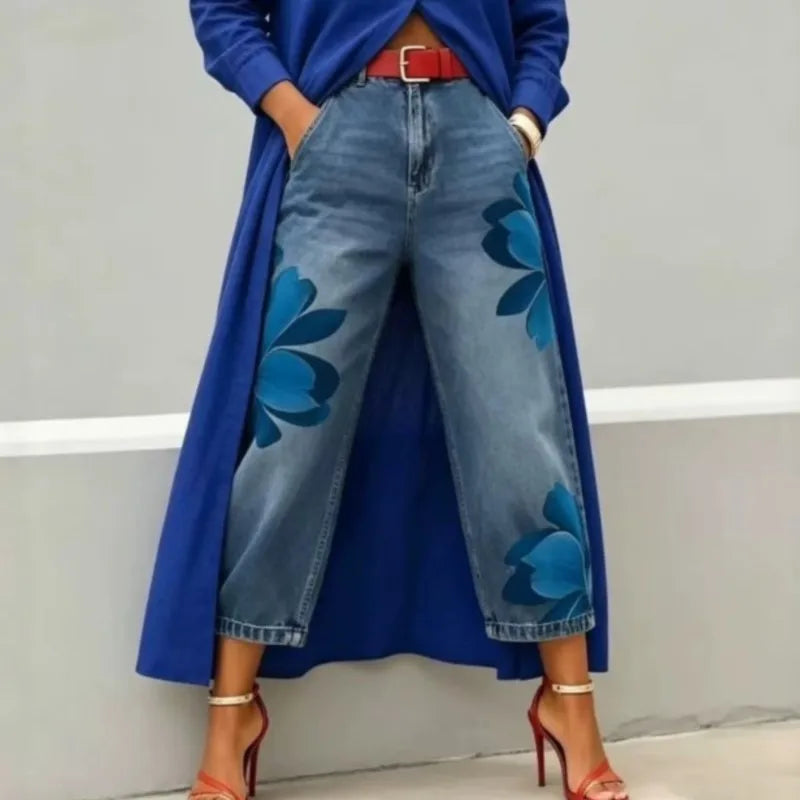 Floral Print Wide Leg Jeans - High Waist
