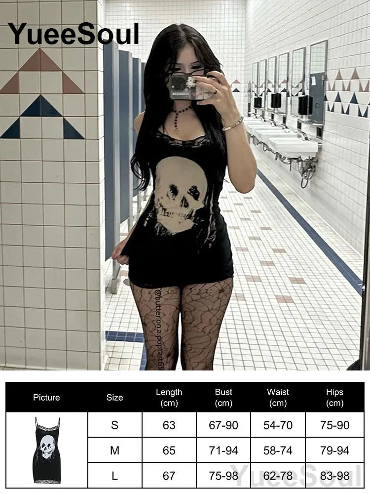 Grunge Gothic Women Dress Lace Trim High Waist Bodycon Mini Dress 2026 New E-girl Vintage Punk Harajuku Lolita Party Clothes