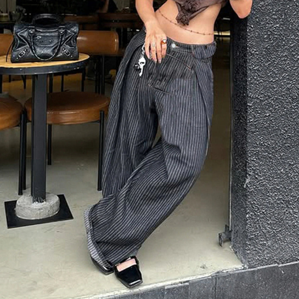 Striped Wide Leg Jeans - Low Rise Relaxed Retro Grunge