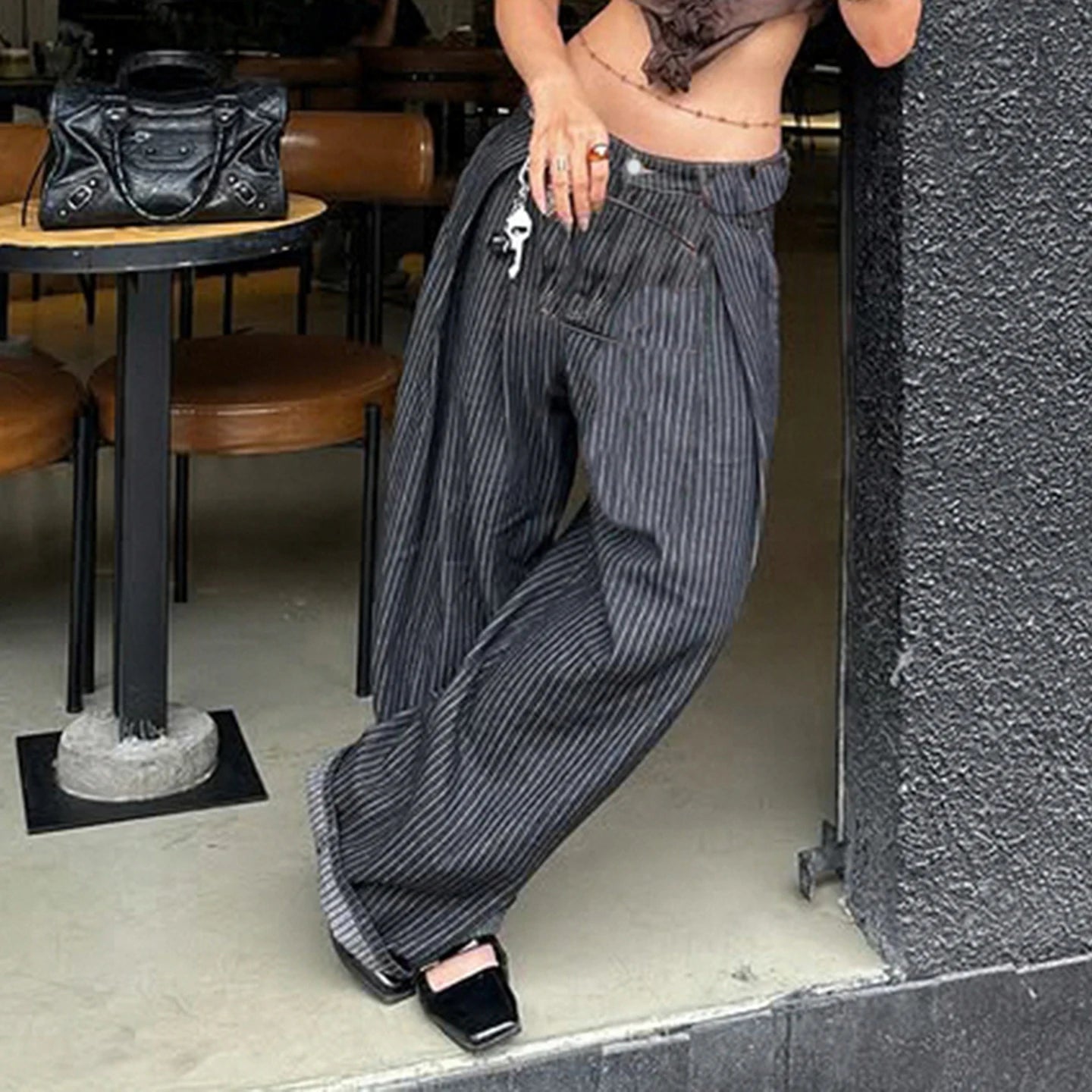 Striped Wide Leg Jeans - Low Rise Relaxed Retro Grunge