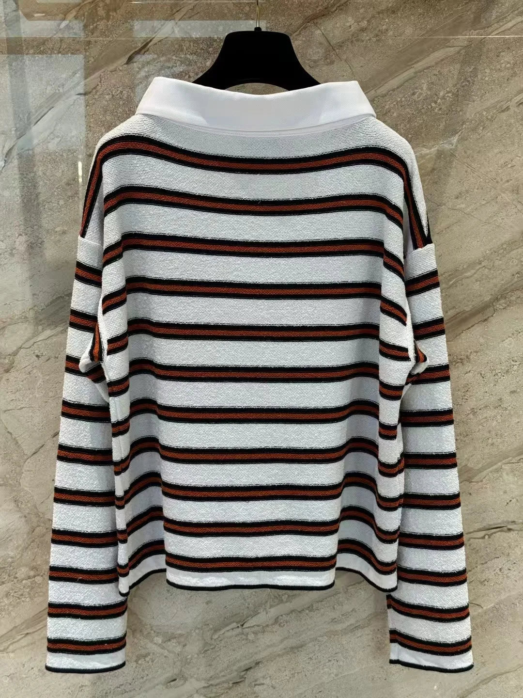 Women's Retro Striped Long Sleeve Polo Shirt Soft Fabric Horizontal Early Spring Collection C26 high version