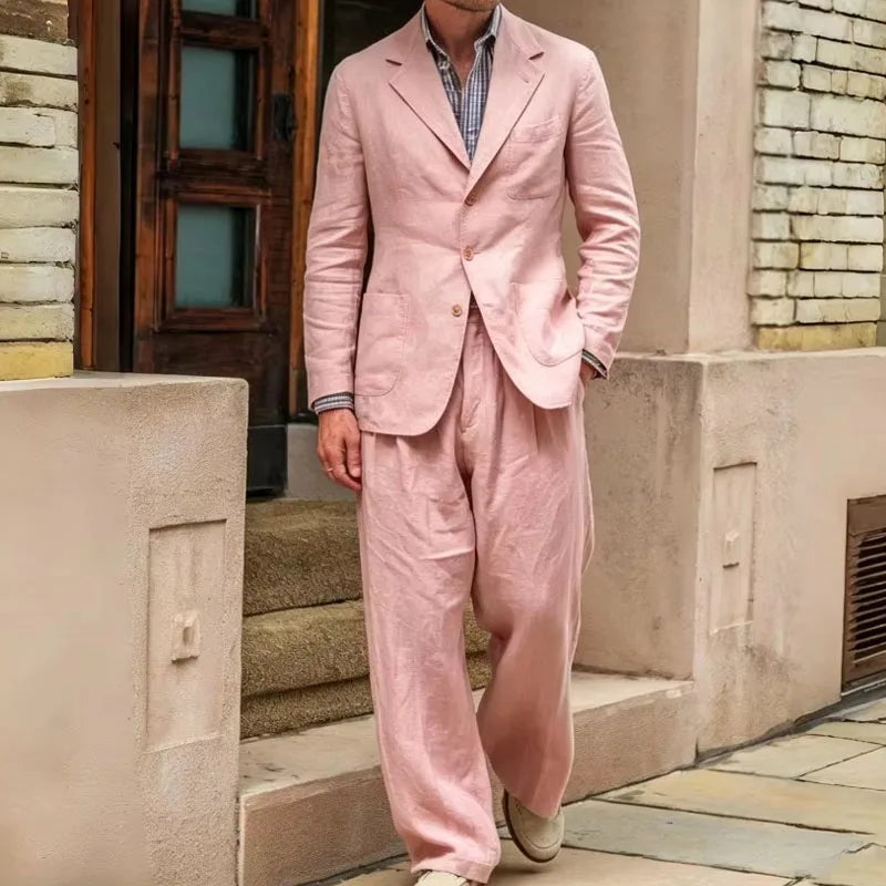 Men's Linen Suit 2-Piece - Breathable Blazer & Wide Leg Pants - Summer Done Right