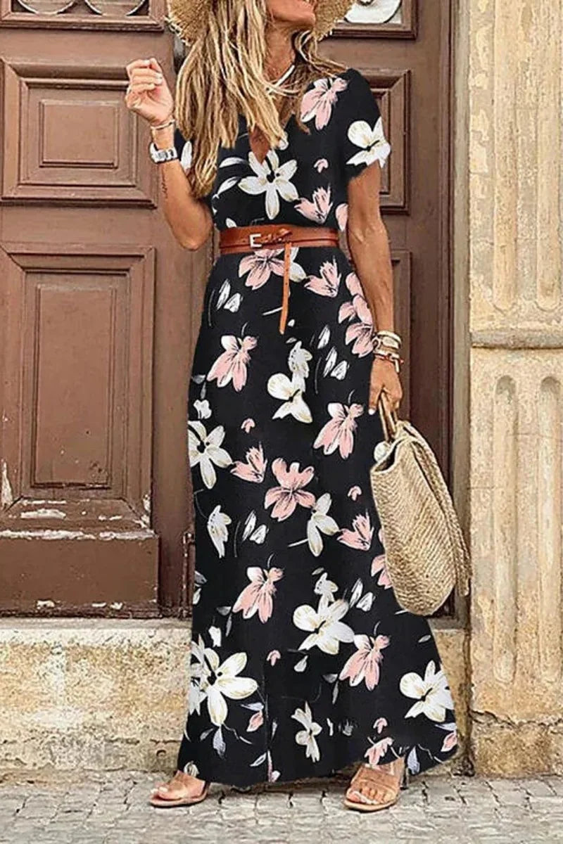 Elegant Floral Pleated H-shaped Midi Dress Female V-Neck Puff Sleeve Waist Ruched Button Dresses Women Summer Dress Robe