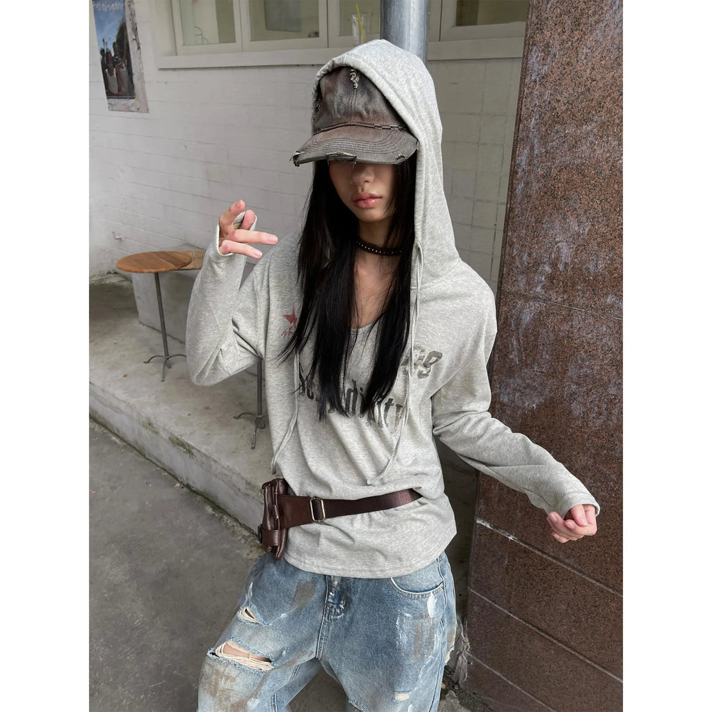 Genayooa Vintage Graphic Tops Women Long Sleeve Y2k Japanese T Shirt With Hooded Streetwear American Retro Grunge Tops E-girls