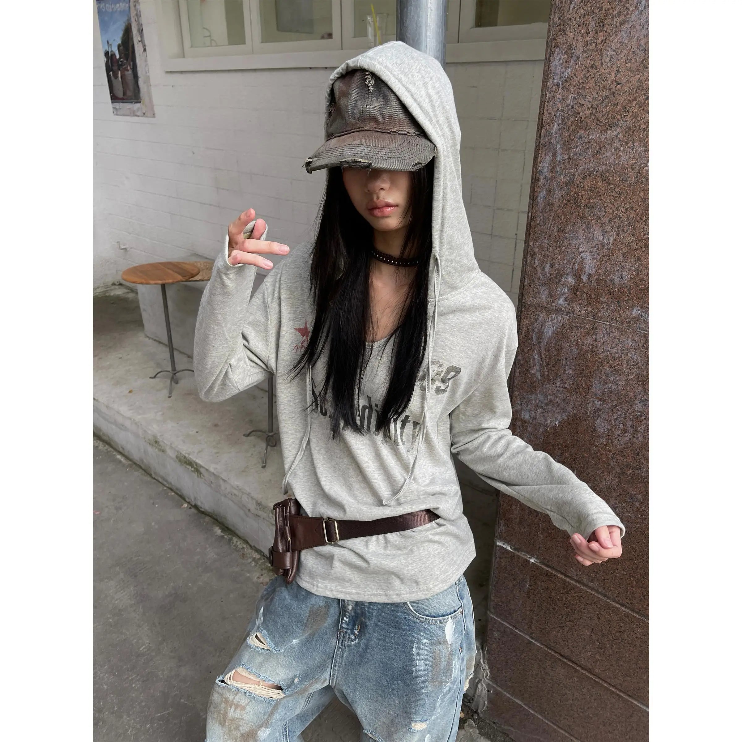 Genayooa Vintage Graphic Tops Women Long Sleeve Y2k Japanese T Shirt With Hooded Streetwear American Retro Grunge Tops E-girls